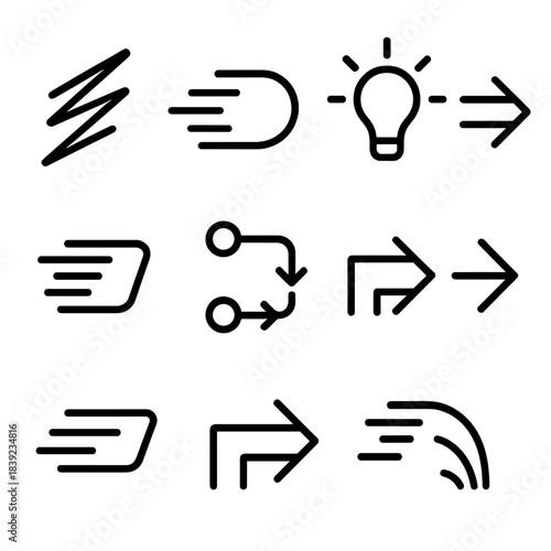 Dynamic Sprint Symbols. Creative Sprint Symbols linear set: rapid stroke, dynamic curve, idea spark, fast arrow, pattern streak, workflow line, quick shift, motion arc.