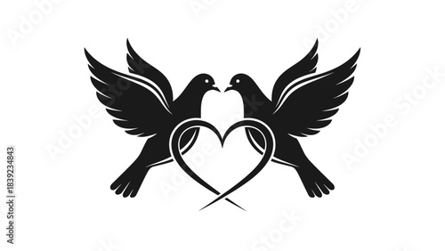 Two black silhouette doves forming a heart shape with their bodies and tails, symbolizing love and peace.