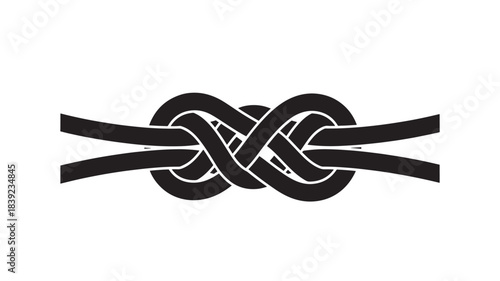 A black and white illustration of a bowline knot tied in a rope on a white background, showcasing the intricate details of the knot's loops and twists