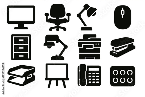 Office Icon Essentials. Office Equipment Essentials Set silhouette set: desktop monitor, ergonomic chair, keyboard, wireless mouse, filing cabinet, desk lamp, multi-function