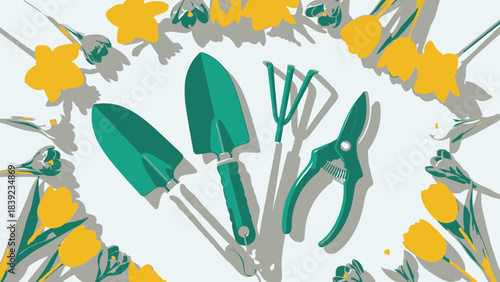 A collection of gardening tools, including a trowel, hand rake, and pruning shears, arranged around a circular border of yellow and green flowers.
