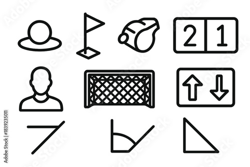 Soccer Icon Set. Soccer match elements linear set: kickoff spot, corner flag, referee whistle, scoreboard, player silhouette, netted goal, substitution board, field marker.
