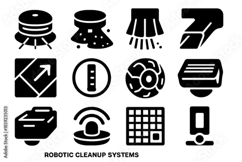 Robotic Cleanup Icons. Robotic Cleanup Systems silhouette set: lidar sweep dome, debris scoop plate, microfiber brush head, vacuum channel inlet, smart navigation tile, dirt-level
