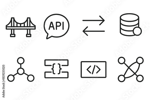 Digital Communication Icons. Inter-System Communication Set linear set: interface bridge, API call bubble, request–response arrows, message broker icon, event topic node,
