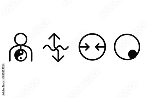 Duality Dynamics Icons. Inner Duality Dynamics linear set: balanced-self node, contrast-flow tile, inner-pull bead.