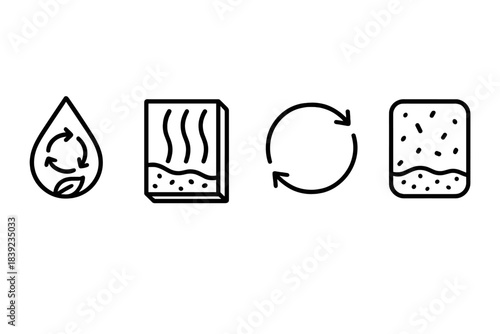 Sustainable Material Icons. Regenerative Material Routes linear set: biodegradable matrix droplet, natural-fiber panel, closed-loop flow bar.