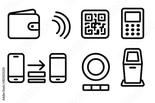 Cashless Economy Icons. Cashless Economy Structures linear set: digital wallet icon, contactless payment wave, QR transaction tile, mobile checkout pad, peer-to-peer transfer arrow