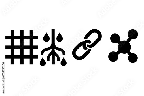 Bold Fiber Icons. Biological Fiber Frameworks silhouette set: filament lattice, moisture-flow root, organic linkage bead.