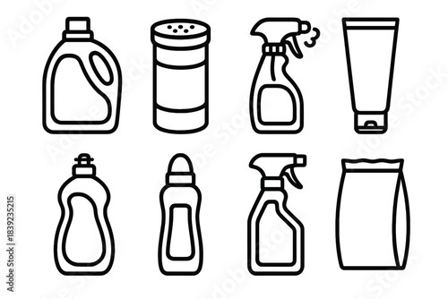 Cleaning Essentials Icons. Cleaning Agent Set linear set: liquid wash jug, powdered detergent canister, foaming cleanser spray, gel soap tube, dish gel bottle, fabric stain stick,