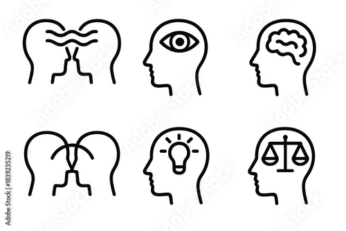 Aligned Thought Waves. Mental Synchrony States linear set: aligned thought waves, shared focus point, calm mind symbol, coherence arc, reflective insight icon, balanced state
