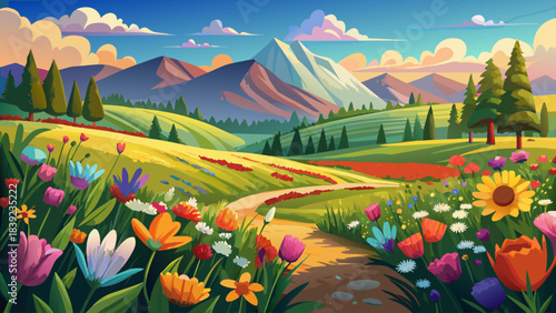 Very beautiful blooming summer fields across the United States, filled with vibrant flowers, open meadows, and warm sunlight creating an uplifting natural landscape perfect for seasonal travel artwork