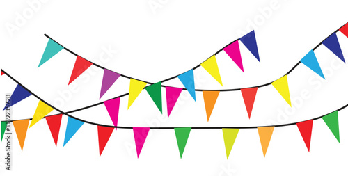 This image features three strings of colorful triangular flags, commonly known as bunting. The flags are strung on black cords, creating a festive and celebratory atmosphere. They are a mix of primary