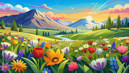 Very beautiful blooming summer fields across the United States, filled with vibrant flowers, open meadows, and warm sunlight creating an uplifting natural landscape perfect for seasonal travel artwork