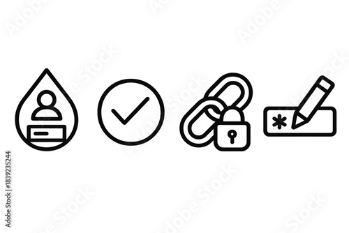 Digital Authentication Icons. Digital Authentication Cues linear set: login-signal droplet, confirm-link ring, secure-pass marker.