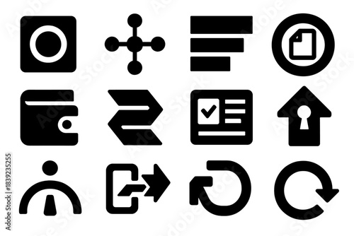 Vector Blockchain Icons. Token-Based Transaction Networks silhouette set: token tile, blockchain node, ledger bar, contract ring, wallet patch, transaction stripe, verification