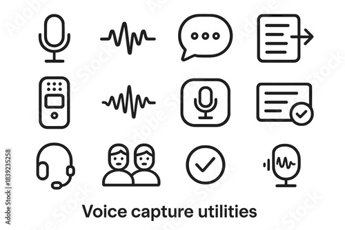 Voice Icon Array. Voice Capture Utilities linear set: mic device, speech pattern wave, talk bubble, typed text box, transfer arrow, dictation unit, audio wave strip, voice prompt
