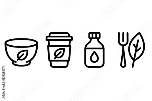 Eco-Friendly Lunchware Icons. Earth-Friendly Lunchware linear set: biodegradable bowl, hemp sleeve cup, refillable dressing vial.