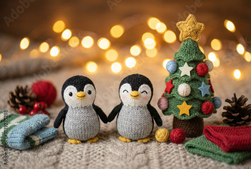 A cute couple of handmade knitted penguin toys holding hands in a cozy Christmas scene with a felt tree and warm bokeh lights in the background.