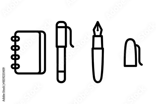 Writing Tools Icons. Portable Writing Supplies linear set: pocket notebook, refillable pen barrel, pen cap holder.