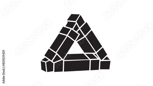A black triangle made of rectangular bricks with white grout lines, giving a 3D effect, on a pure white background