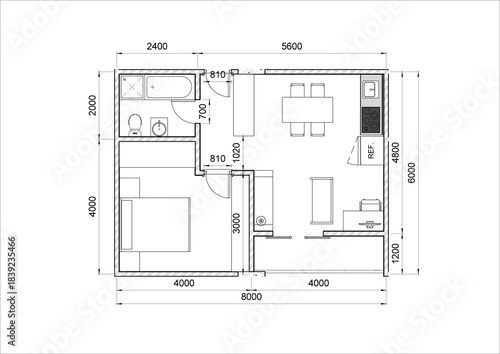 2D technical, top-down floor plan for a rectangular single-bedroom unit, complete with precise metric dimensions for all rooms and overall length-width. Related to technical blueprint reading