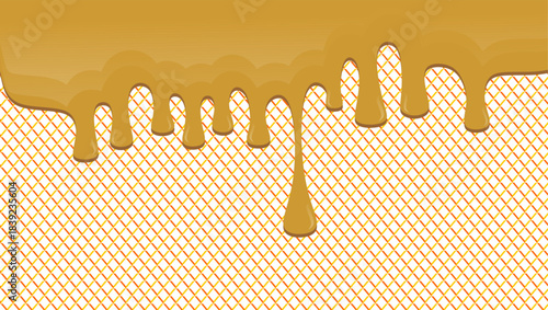 Hot chocolate drip illustration. Melting chocolate on waffle background. Drippy ice cream vector design. Wavy choco melt border. Brown chocolate drips illustration.