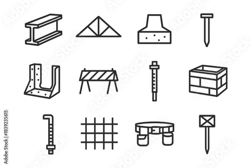 Construction Icons Array. Structural Construction Elements linear set: girder piece, support truss, foundation block, framing nail, beam connector, site barrier, leveling rod,