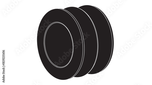 A black cylindrical object with circular details and a hollow center, presented in a simple and clean style, isolated on white background