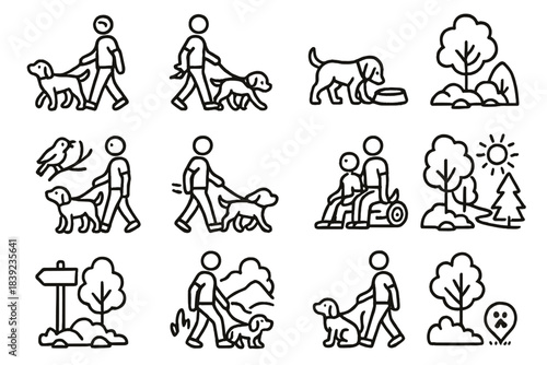Nature Walk Icons. Nature Walk Companions linear set: steady leash walk, woodland path, sniff-stop icon, hydration bowl, paw-friendly terrain marker, bird-watch moment, gentle