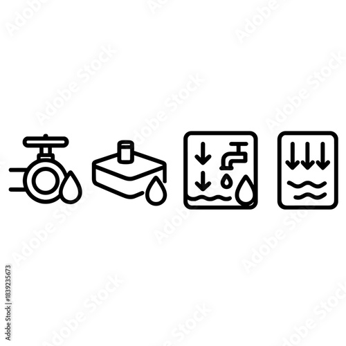 Water Delivery Icons. Flexible Water Delivery Models linear set: reroute valve ring, capacity-shift slab, supply-flow panel.
