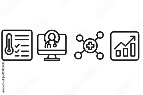 Digital Health Icons. Digital Health Intervention Models linear set: symptom-tracking panel, remote-care node, outcome insight tile.
