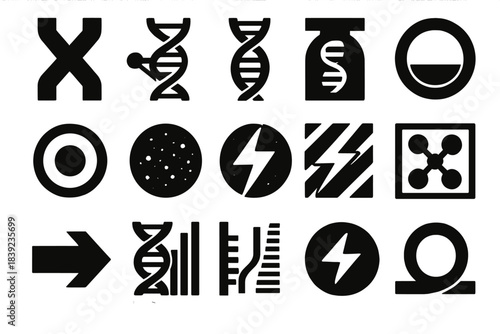 Telomere Integrity Icons. Telomere Integrity Models silhouette set: chromosome end tile, DNA strand node, telomerase enzyme bar, cap-protection ring, replication cue dot,