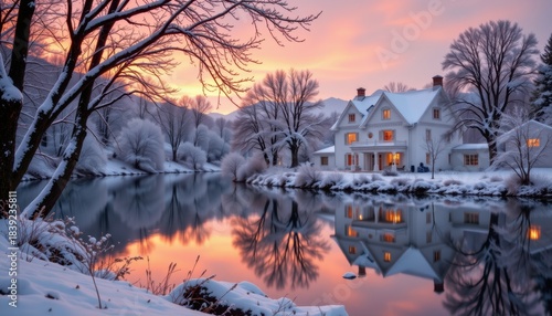 A winter scene featuring a white house reflected in a calm lake during snowfall