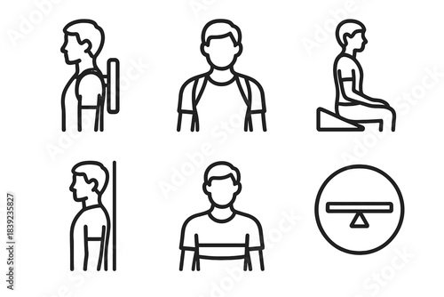 Body Posture Icons. Body Posture Improvement linear set: upright trainer device, shoulder corrector, cushion wedge, wall alignment guide, torso strap, stability gauge.