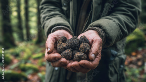 Professional truffle hunter holding fresh truffles in hand in forest background with natural light. Generative AI image