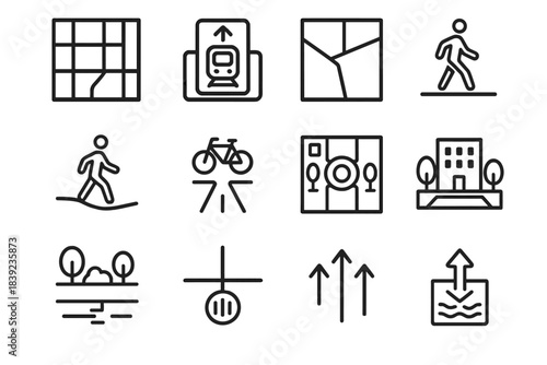 Urban Infrastructure Icons. City Infrastructure Elements linear set: street grid, transit hub icon, zoning blocks, pedestrian path, bike lane marker, mixed-use building, public