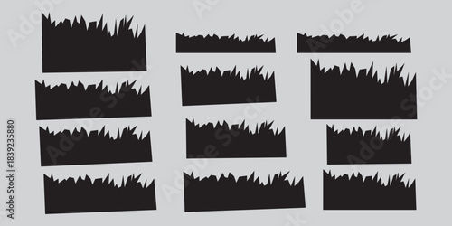 This image features a collection of black silhouettes of grass, arranged in three columns. The grass patches vary in width and height, with some being short and wide, while others are taller and narro