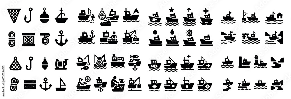 Naklejka premium Nautical icons: boats, anchors, and nets