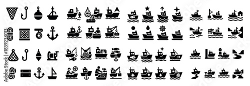 Nautical icons: boats, anchors, and nets