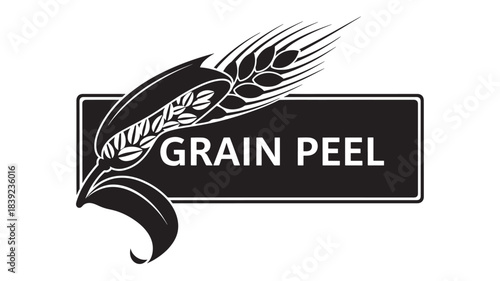 A black and white logo featuring a stylized wheat design and the text 'Grain Peel' in a rectangular box with a thin white border, on a white background