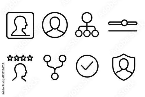 Digital Systems Icons. Digital self systems linear set: profile tile, avatar arc, behavior flow node, preference bar, interaction tracker strip, identity icon, engagement path,