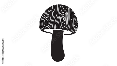 A simple black and white illustration of a mushroom with a patterned cap and a solid black stem, set against a plain white background