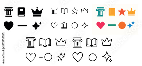 Diverse icon set: books, stars, hearts