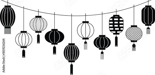 Black and white Chinese lanterns hanging on string, minimalist festive decoration illustration, traditional Asian design elements for celebration and decor