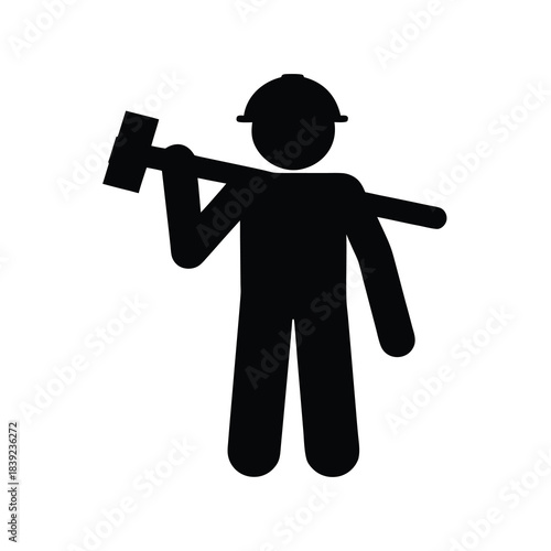 Silhouette of construction worker holding a sledgehammer tool ready for labor