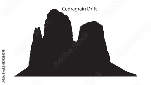 A black silhouette of the Cedargrain Drift rock formation, a group of tall, rugged rock structures with varying heights and shapes, isolated on white background