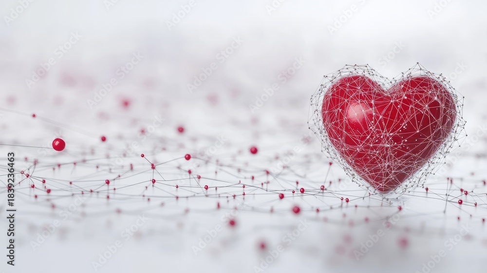 Fototapeta premium Red heart icon surrounded by multiple connected lines representing love and connectivity