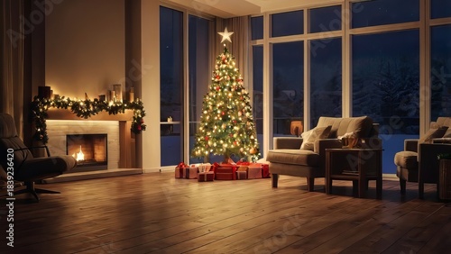 A beautifully decorated Christmas tree stands in a modern living room with large panoramic windows overlooking a snowy night. Soft warm lights, a glowing fireplace, and neatly wrapped presents create 