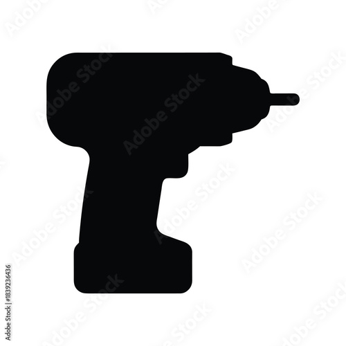 Silhouette of a power drill with battery and drill bit for construction and diy projects