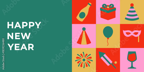Festive New Year Party Icons Banner and Greeting Card Decorative Design